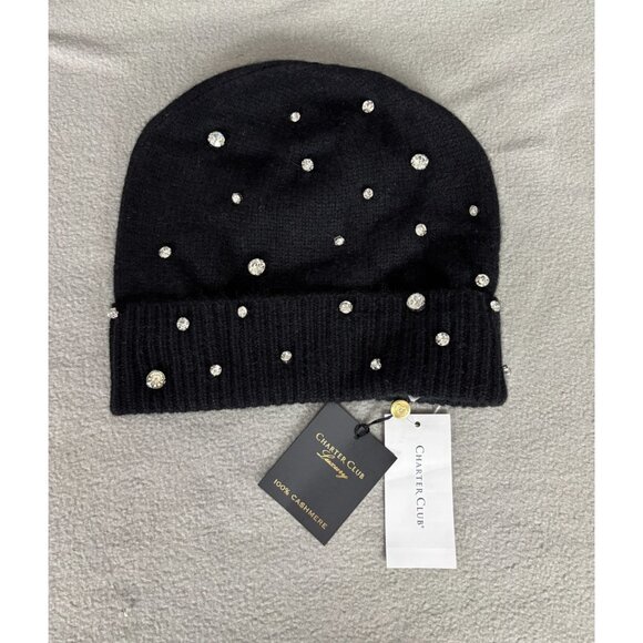 Charter Club Womens Black Cashmere  Beanie Embellished  Rhinestones One Size NWT main image 6